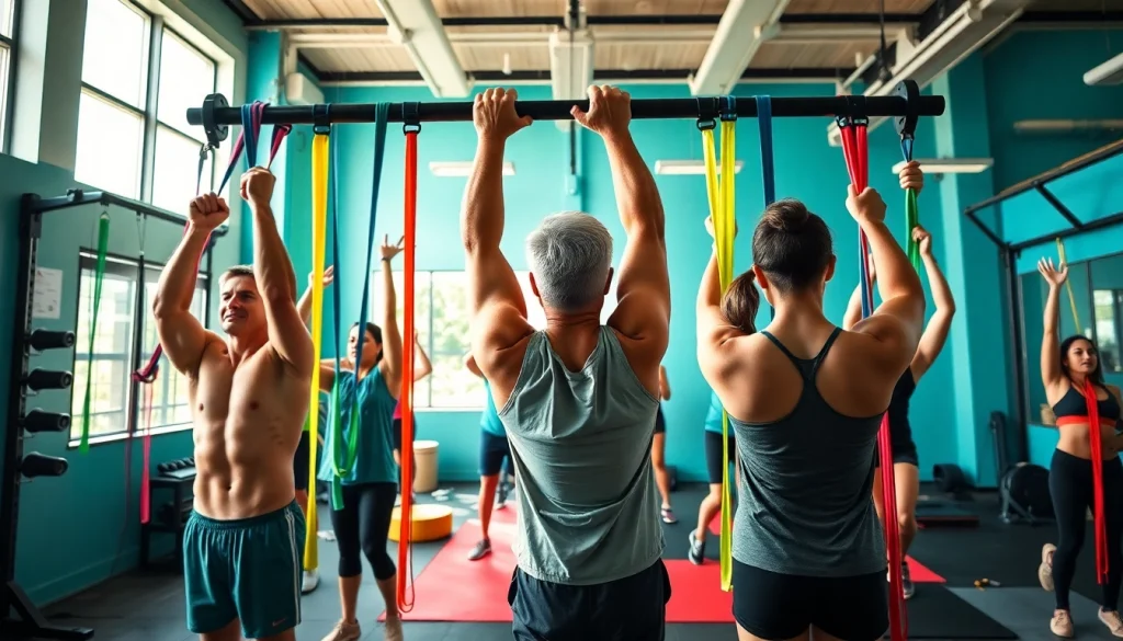 Resistance bands for pull-ups being used by diverse individuals in a vibrant gym setting.
