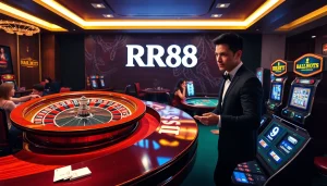 RR88 casino scene featuring a poker table and roulette wheel, embodying luxury and excitement