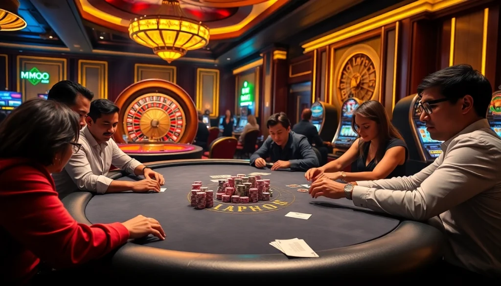 Gambling excitement with MMOO-themed poker chips and cards on a luxurious casino table.