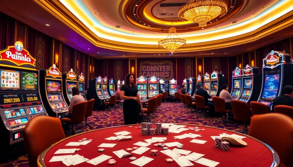 Pemain yang menikmati slot deposit pulsa tanpa potongan dalam suasana kasino yang meriah dengan mesin-mesin berwarna-warni.