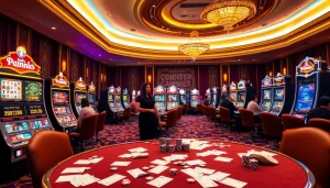 Pemain yang menikmati slot deposit pulsa tanpa potongan dalam suasana kasino yang meriah dengan mesin-mesin berwarna-warni.