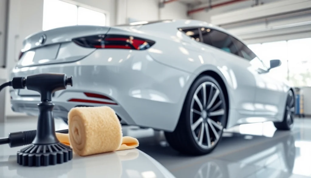 Applying ceramic coating near me on a vehicle in a well-lit detailing garage.