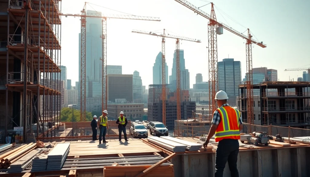 Austin construction workers collaborating on a downtown project, framed by a vibrant city skyline.