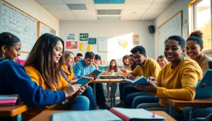 Education-focused classroom scene with diverse students collaborating and using technology.