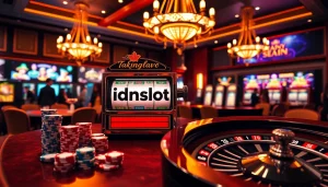 Experience the thrill of idnslot with a luxurious casino setting featuring a slot machine and poker chips.