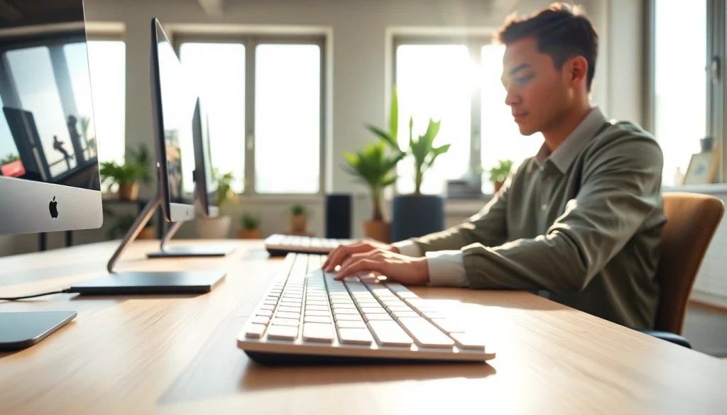 Engaged typist at a modern typing center showcasing concentration and professionalism.