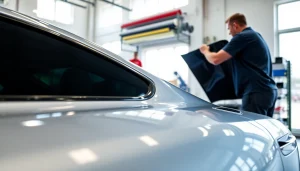 Apply auto window tint near me in a modern garage with bright lighting and professional technicians.