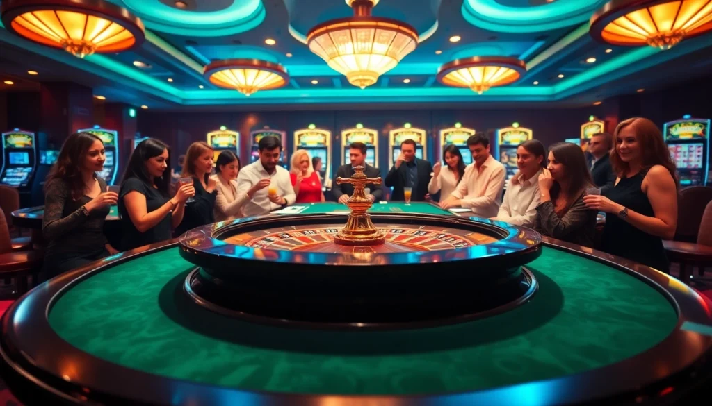 A vibrant casino scene with players enjoying roulette and card games at u888 tables, capturing the thrill of gambling.