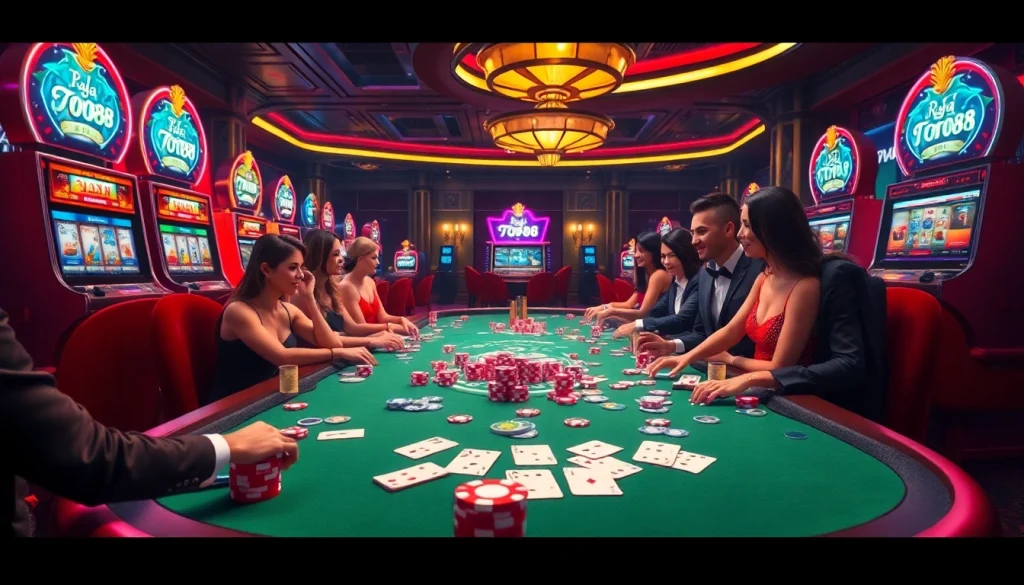 Players enjoying top games at raja toto88 casino with vibrant chips and cards.