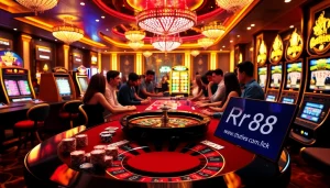 Gamblers enjoy a thrilling experience at a luxurious casino scene, showcasing rr88 link prominently.