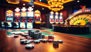 Scène passionnante de jeux d'argent en ligne mettant en avant casino en ligne france avec des jetons de poker, des cartes et une roue de roulette.
