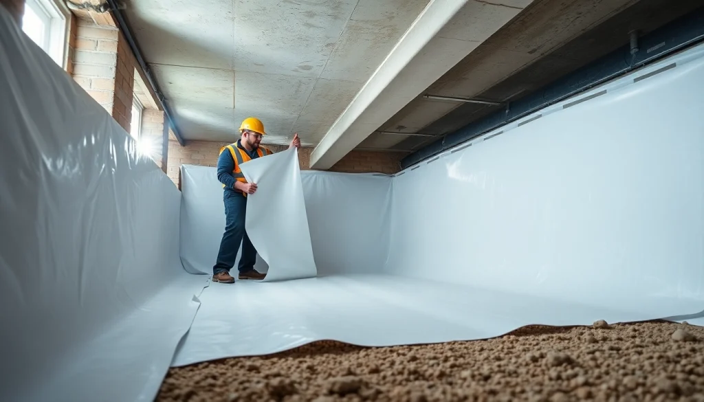 Efficient vapor barrier installation showcased by a technician in a clean residential crawl space.