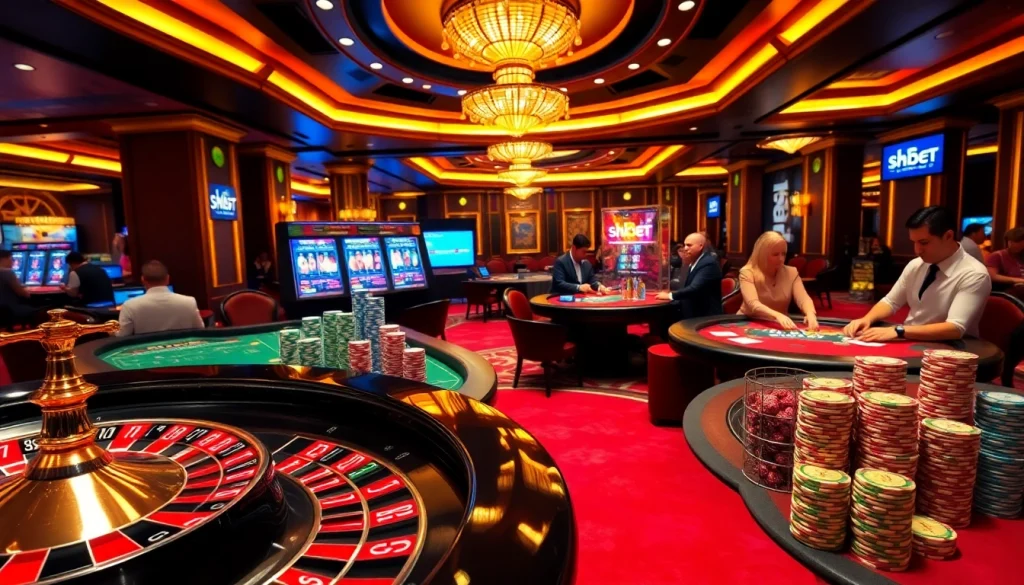 Experience the excitement of SHBET with vibrant casino gameplay, poker tables, and roulette wheels.