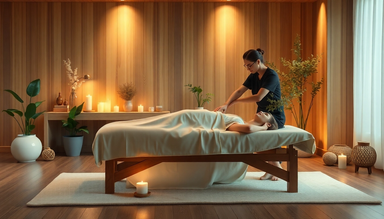 편안한 장식으로 둘러싸인 고요한 스파 환경에서의 마사지 치료 세션.