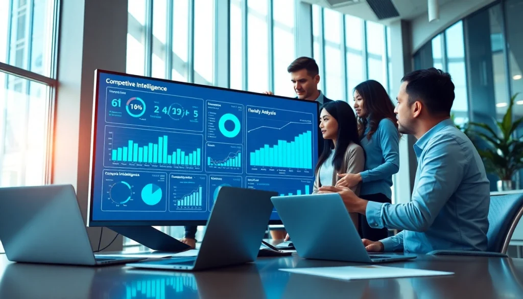 Engaging in competitive intelligence faqs with a diverse team analyzing data in a modern office.