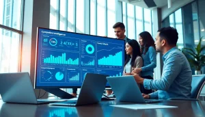 Engaging in competitive intelligence faqs with a diverse team analyzing data in a modern office.