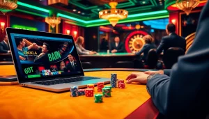 Scène de jeu engageante dans un casino en ligne Français mettant en avant l'excitation avec des jetons de poker et une roue de roulette.