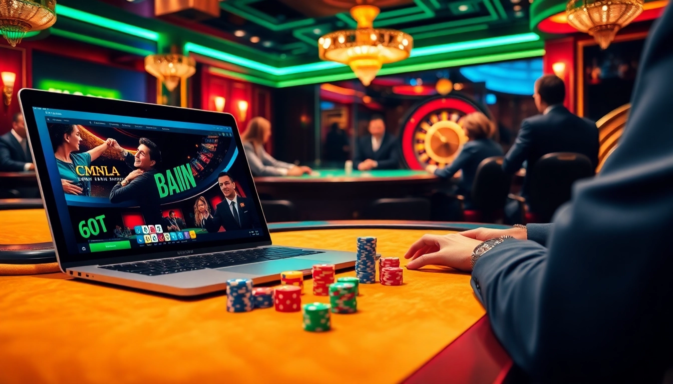 Scène de jeu engageante dans un casino en ligne Français mettant en avant l'excitation avec des jetons de poker et une roue de roulette.