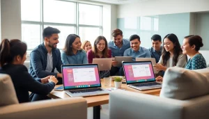 在现代办公室场景中，笔记本电脑上显示的快连VPN界面，展示了用户友好功能。