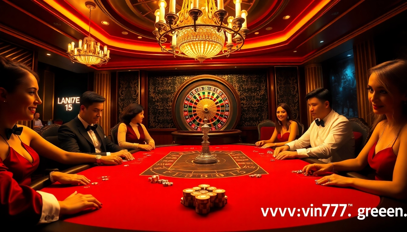 Players enjoying high-stakes poker at VIN777, with vibrant casino ambiance.