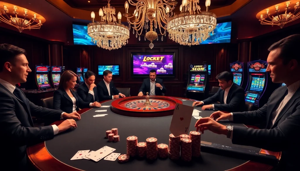 Scène captivante de casino en ligne Français avec des joueurs de poker et des éléments de jeu classiques dans un cadre élégant.