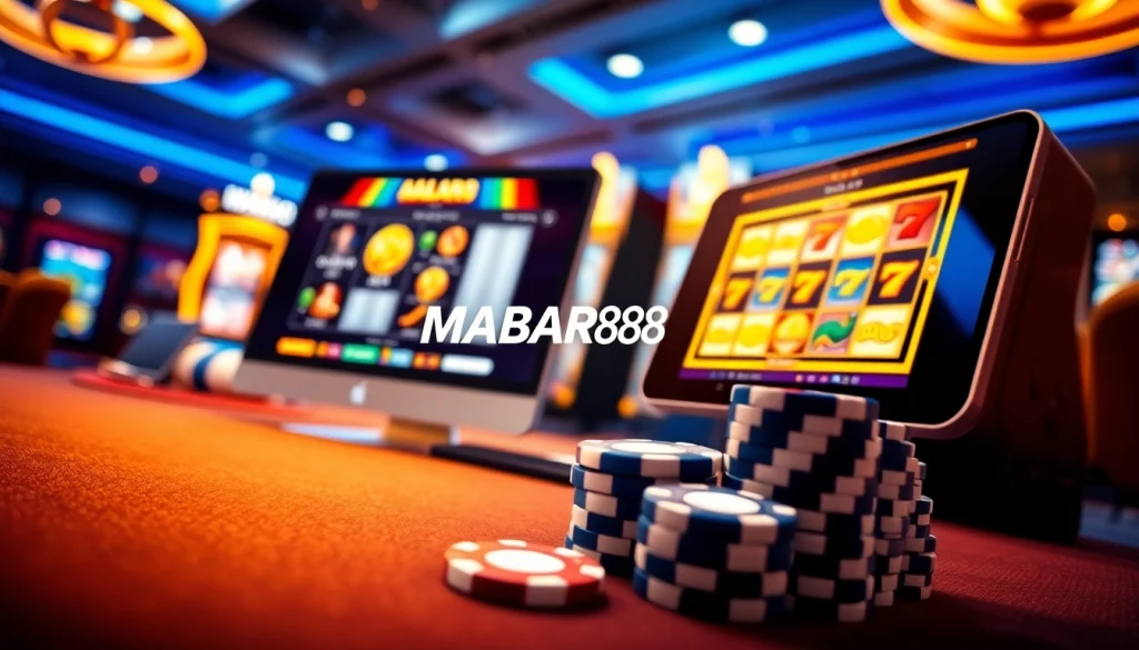 Antarmuka kasino online MABAR88 yang menampilkan permainan slot berwarna-warni dengan chip poker untuk pengalaman judi yang mendebarkan.
