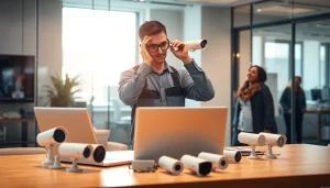Instalación de Cámaras de Seguridad en Liberia realizada por un técnico profesional en un entorno de oficina moderno.