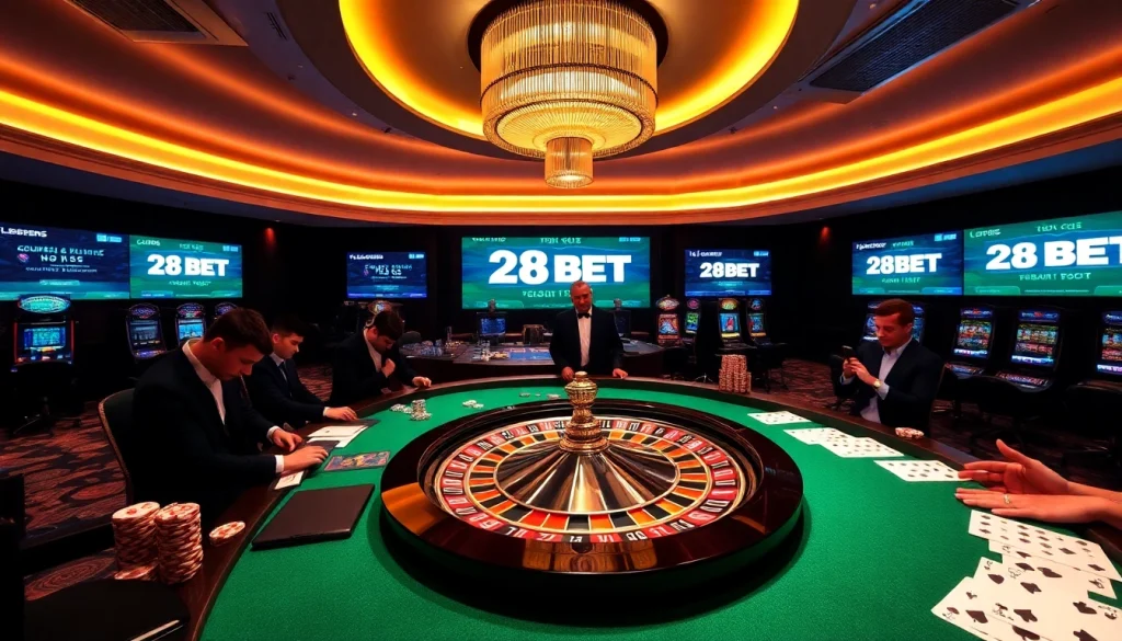 Experience the thrill of 28BET at a vibrant casino with a spinning roulette wheel and eager gamblers.