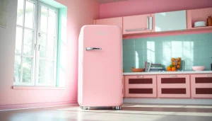 Revamped retro appliance in a vibrant kitchen, showcasing unique design and color.