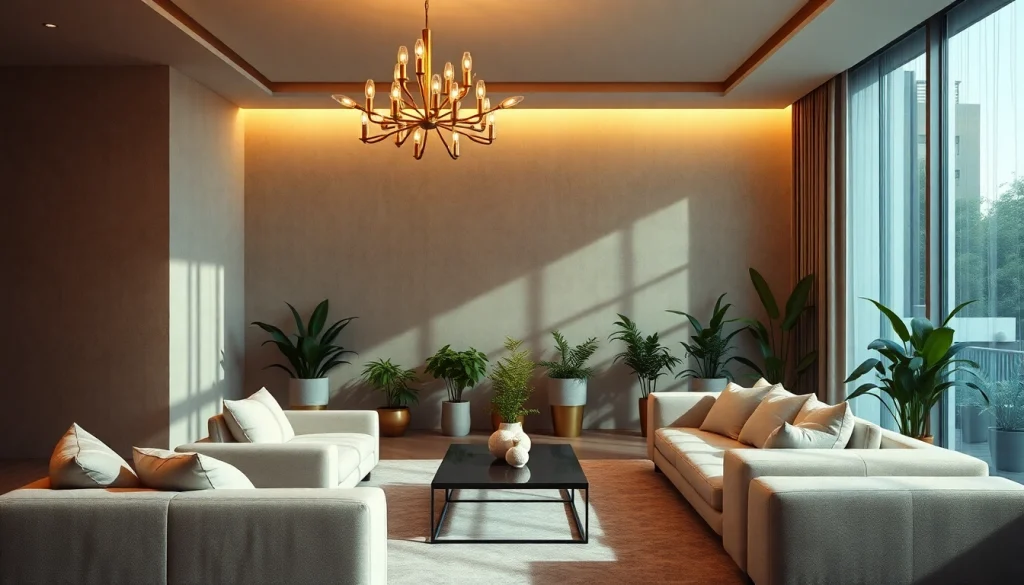 Experience sleek illumination in a chic living room illuminated by a stylish chandelier.
