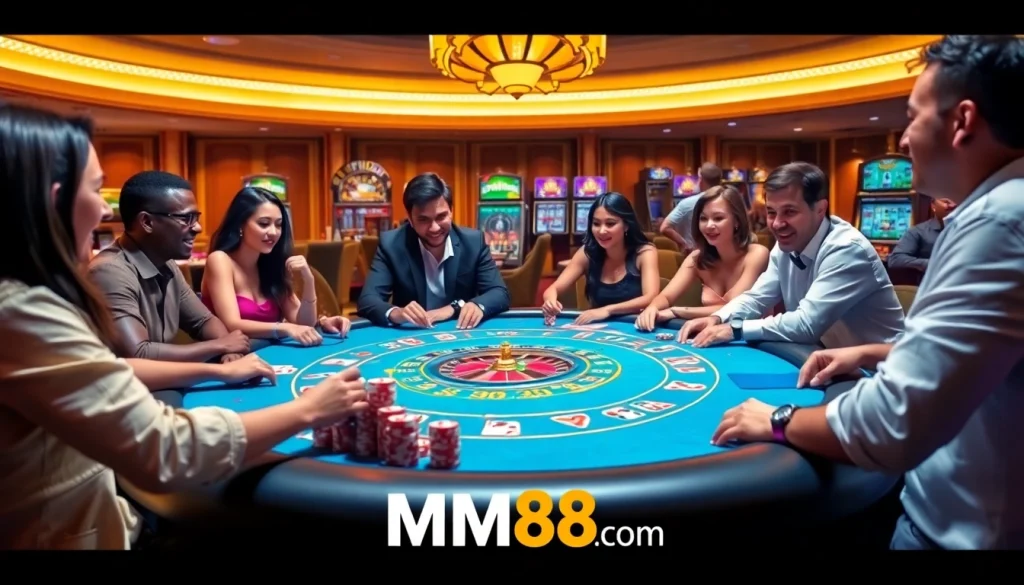 Players enjoying a thrilling game at mm88 com luxury casino table with bright chips and cards.