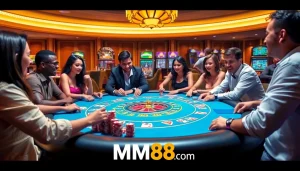 Players enjoying a thrilling game at mm88 com luxury casino table with bright chips and cards.
