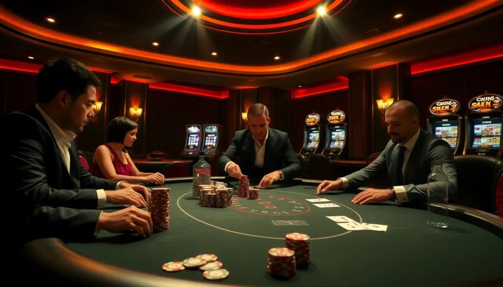 Vivez l'excitation du poker à enjeux élevés dans cette scène de casino en ligne Français, mettant en valeur un environnement de jeu luxueux.