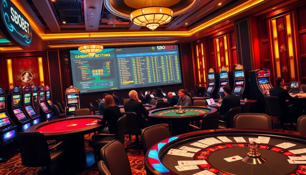 Sbobet link alternatif showcasing an exciting casino atmosphere with betting odds, poker chips, and players engaged in high-stakes games.