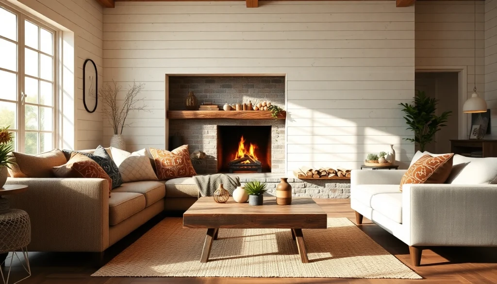 Stylish living room with shiplap walls and rustic decor creating a cozy atmosphere.