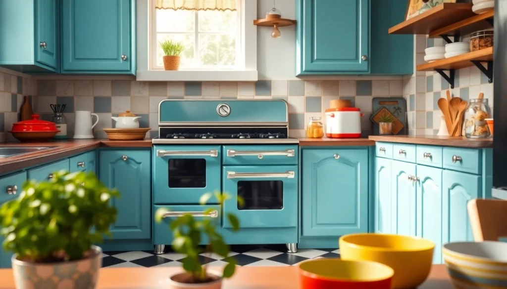 Beautiful Retro Oven featured prominently in a cozy kitchen, surrounded by colorful dishware.
