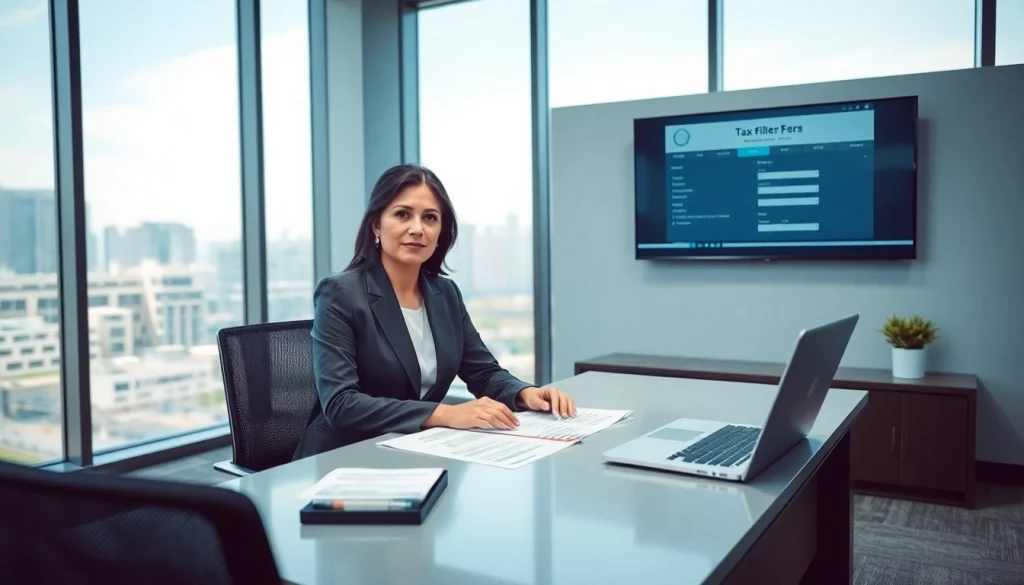 Corporate Tax Return Filing in UAE scene with an Emirati executive in a modern office.