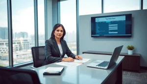 Corporate Tax Return Filing in UAE scene with an Emirati executive in a modern office.