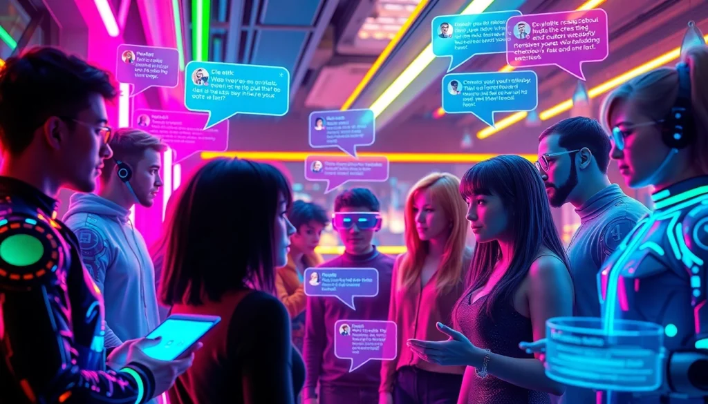 Engaging NSFW AI chatbots in a futuristic digital setting, showcasing vibrant interactions.