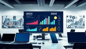 Analiza rynku technologicznego 2025 przedstawiona na cyfrowej tablicy z wykresami.