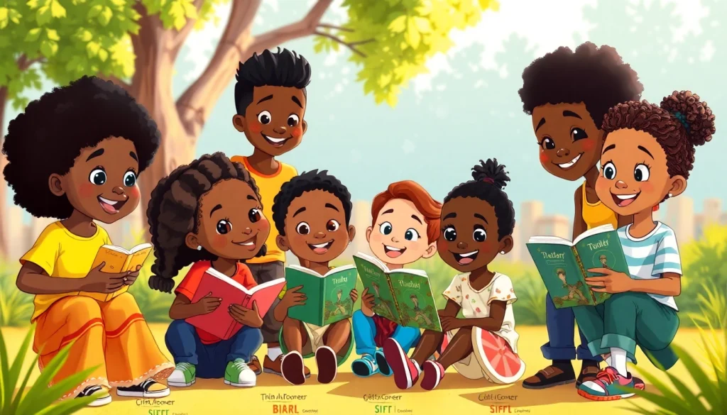 A diverse portrayal of African American cartoons celebrating friendship and inclusivity among children.
