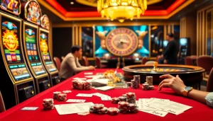 Exciting moment at a situs slot gacor with vibrant slot machines and players engaged.