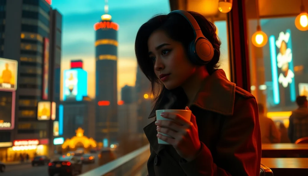 Image to prompt generator showcasing a woman in an urban café with a cityscape backdrop.
