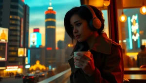 Image to prompt generator showcasing a woman in an urban café with a cityscape backdrop.