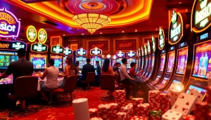 Experience the excitement of idnslot with vibrant gaming machines and enthusiastic players in a luxurious casino setting.