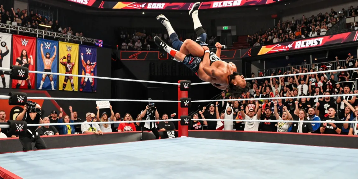 WWE wrestling match showcasing dynamic action and enthusiastic crowd energy.